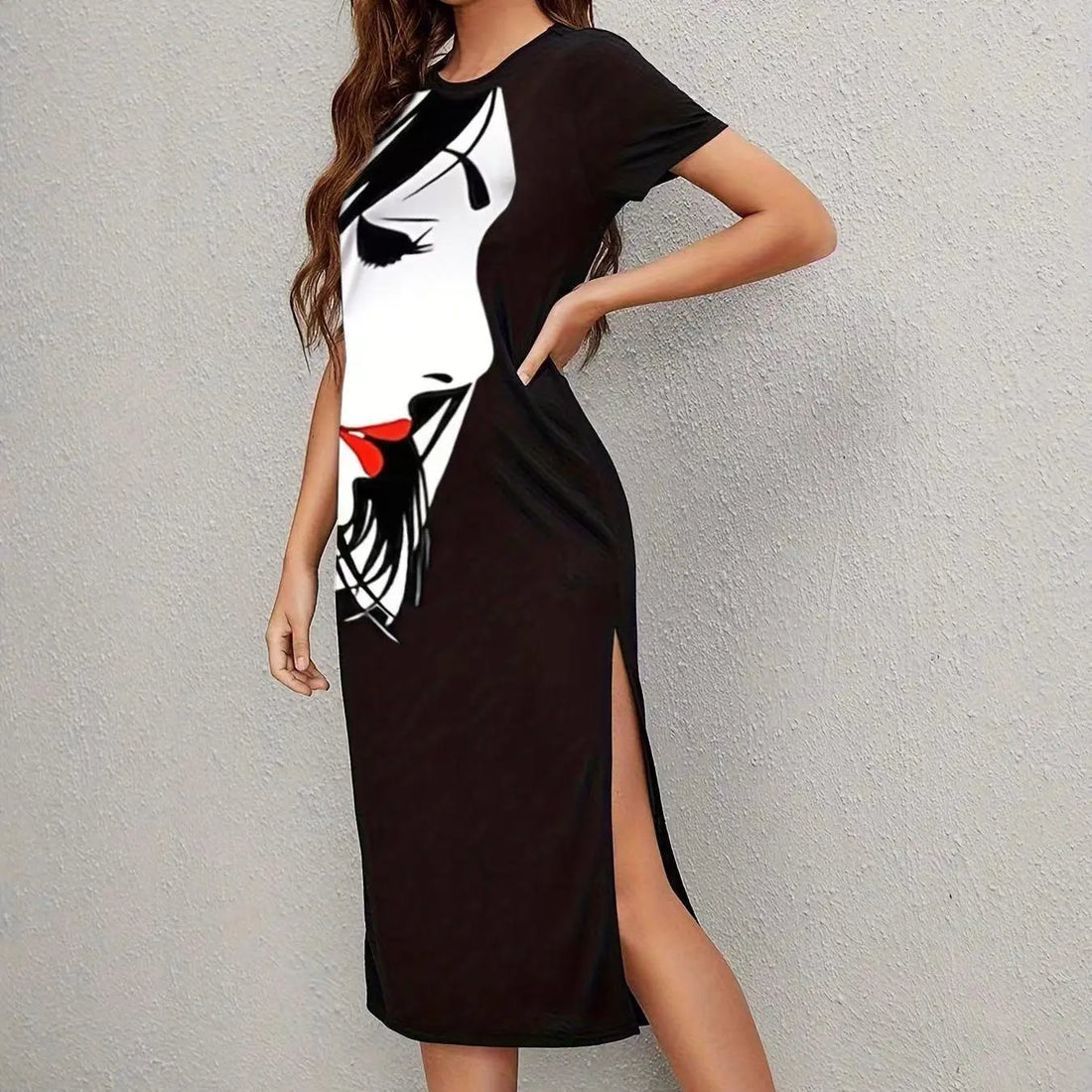 Ladies' Fashionable Printed Solid Color Slim Fit Side Slit Dress Lady T Fashions