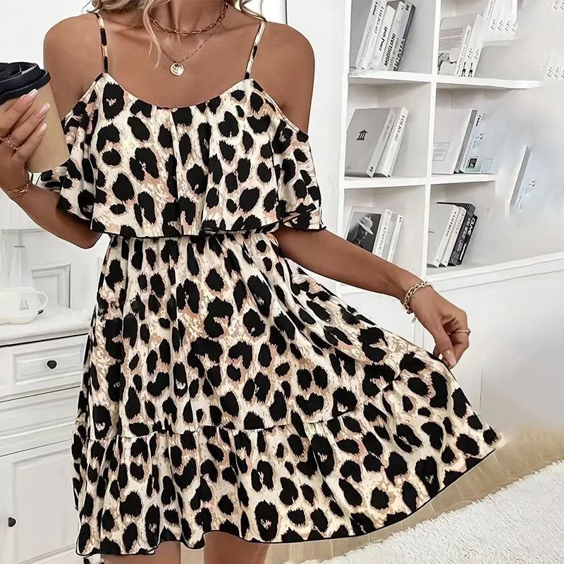Women's Sexy Leopard Print Sleeveless Dress - Flowy Spaghetti Strap Mini Dress, Round Neck Summer To Evening Party Dress Lady T Fashions