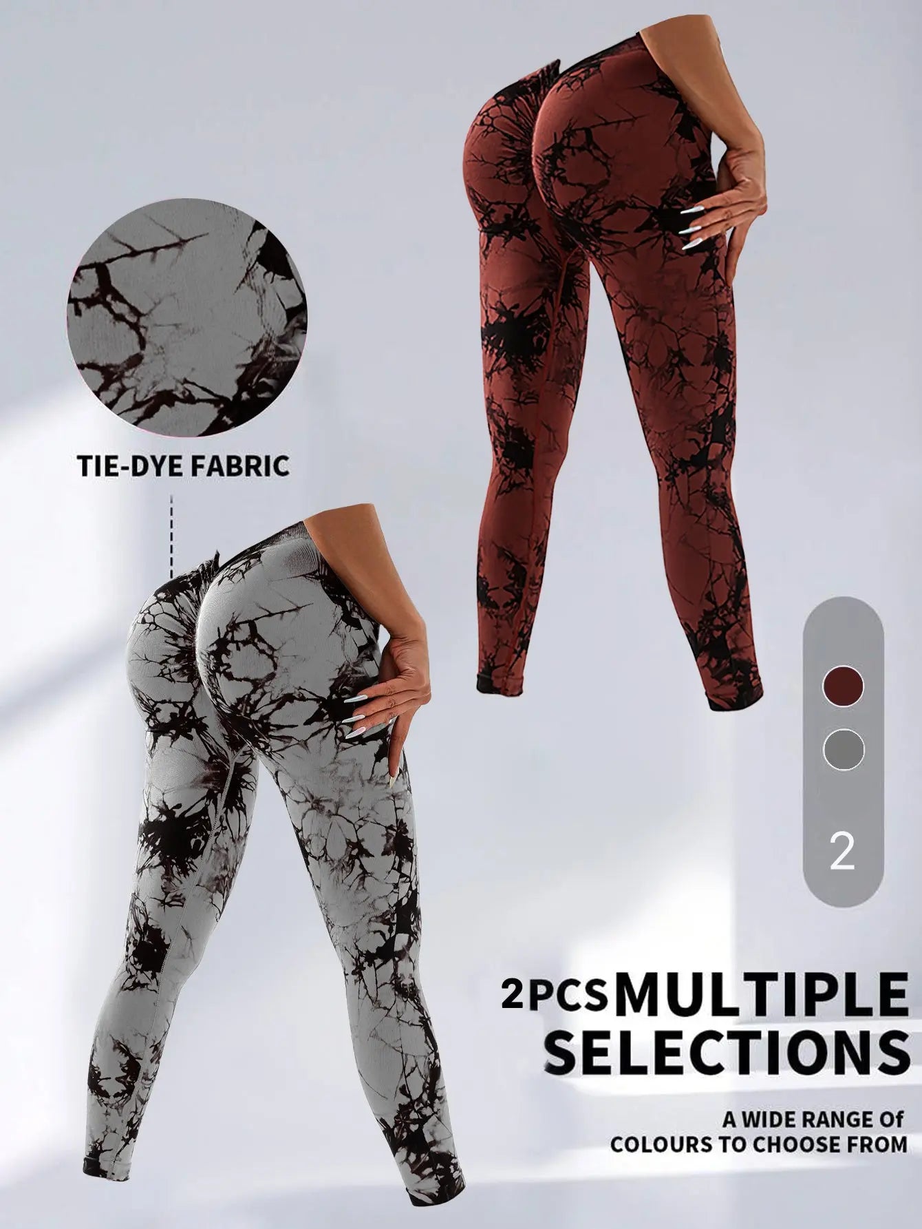 2 Pack Tie-Dye High Waist V-Back Yoga Leggings, Peach-Hip Enhancing Athleisure Tights, Sport Style Fitness Pants Lady T Fashions