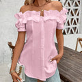 Women's Solid Color Off-Shoulder Ruffled Blouse - Waist Button-Down Shirt For Vacation & Daily Wear Lady T Fashions