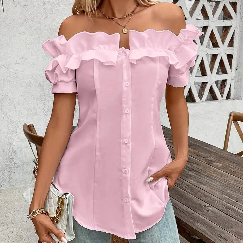 Women's Solid Color Off-Shoulder Ruffled Blouse - Waist Button-Down Shirt For Vacation & Daily Wear Lady T Fashions