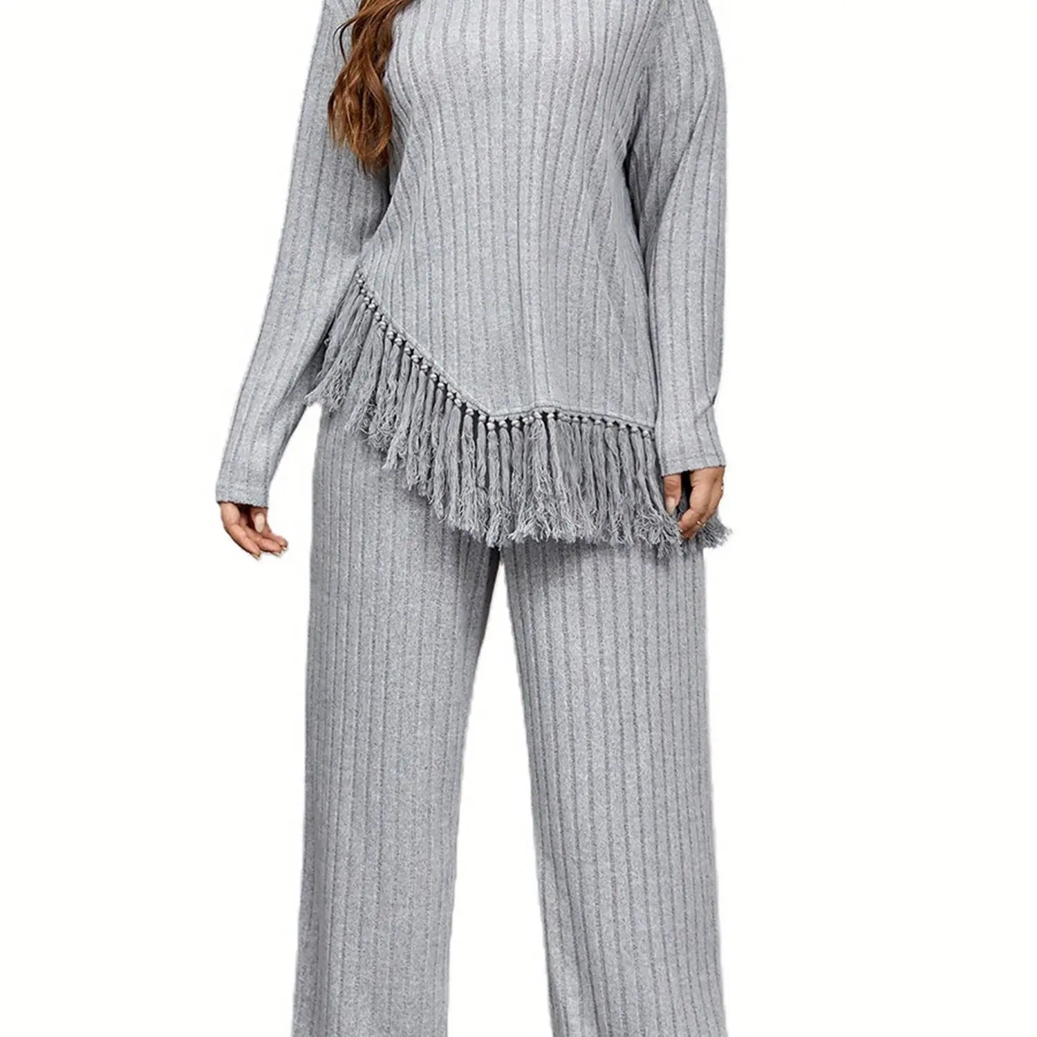2 Piece Plus Size Women Outfits: Irregular Tassel Long Sleeves Shirt and Elastic Wide Leg Pants Set for Streetwear Lady T Fashions