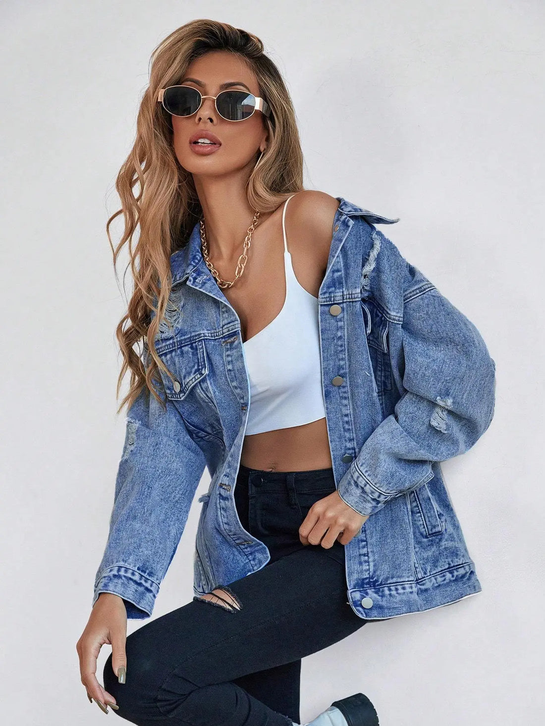 Button Blue Front Flap Pocket Drop Shoulder Denim Jacket Lady T Fashions