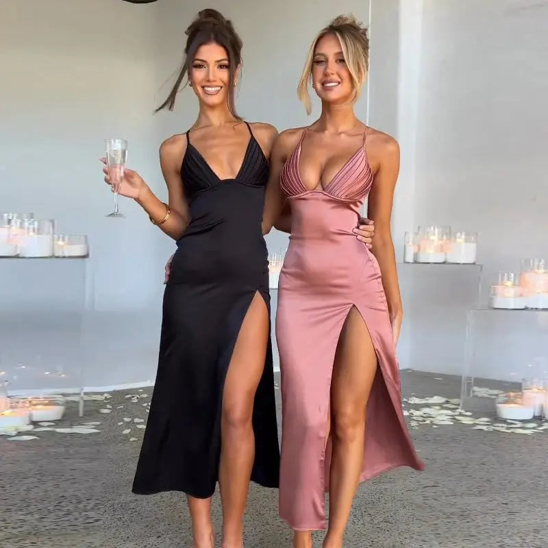 Spaghetti Strap Dress With Split Design Deep V-neck Sleeveless Backless Bodycon Party Dresses For Womens Clothing Lady T Fashions