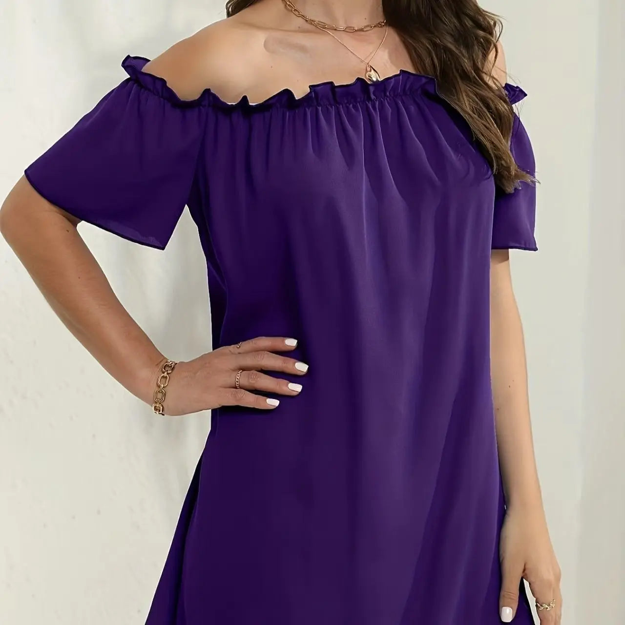 Ladies' Fashion Off Shoulder Ruffle Solid Color Decorative One Shoulder Casual Dress Lady T Fashions