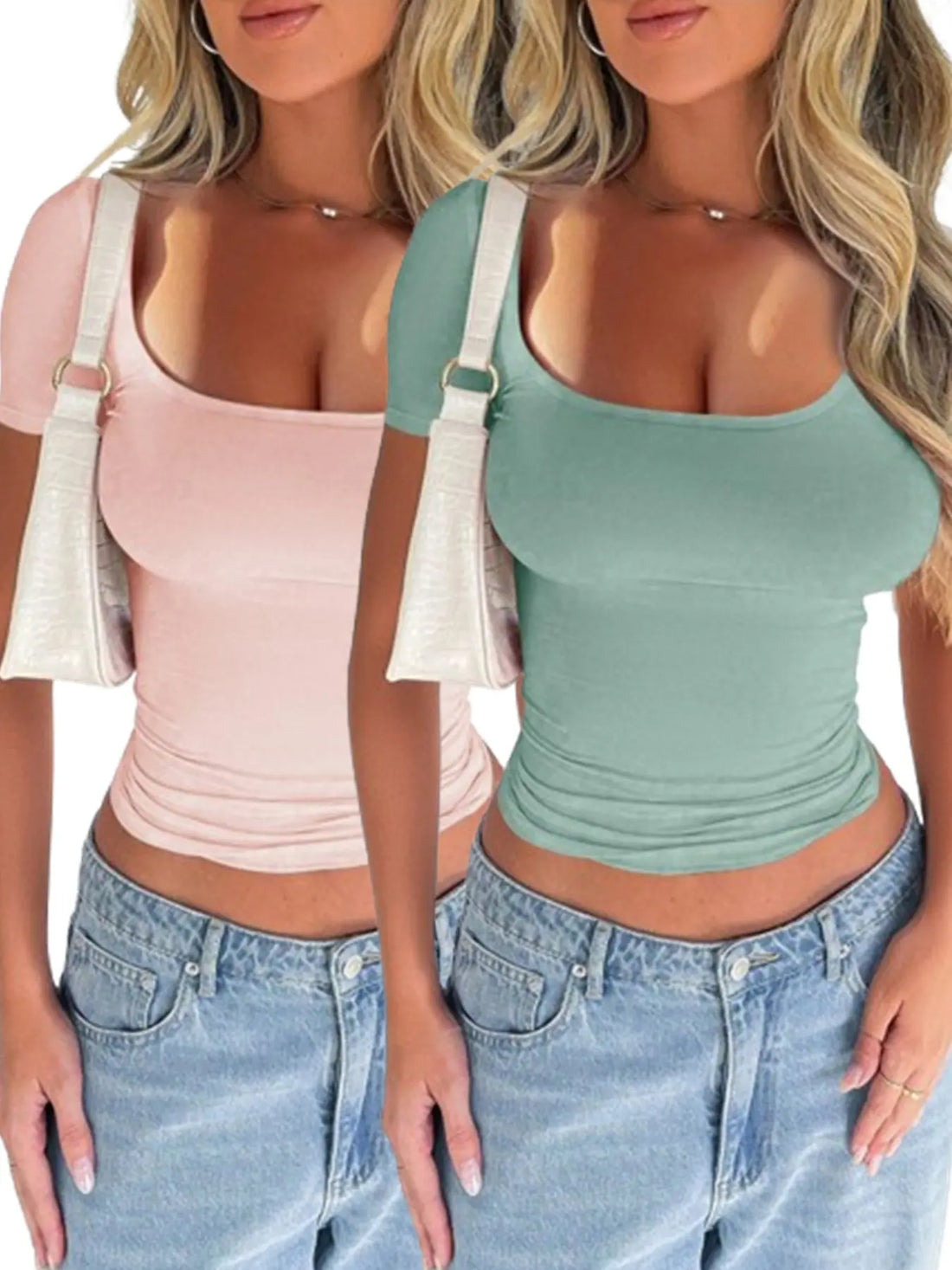 2 Piece Women's T-Shirt Solid Color Y2K Sexy Top Slim Fit Crew Neck Short Sleeves Lady T Fashions