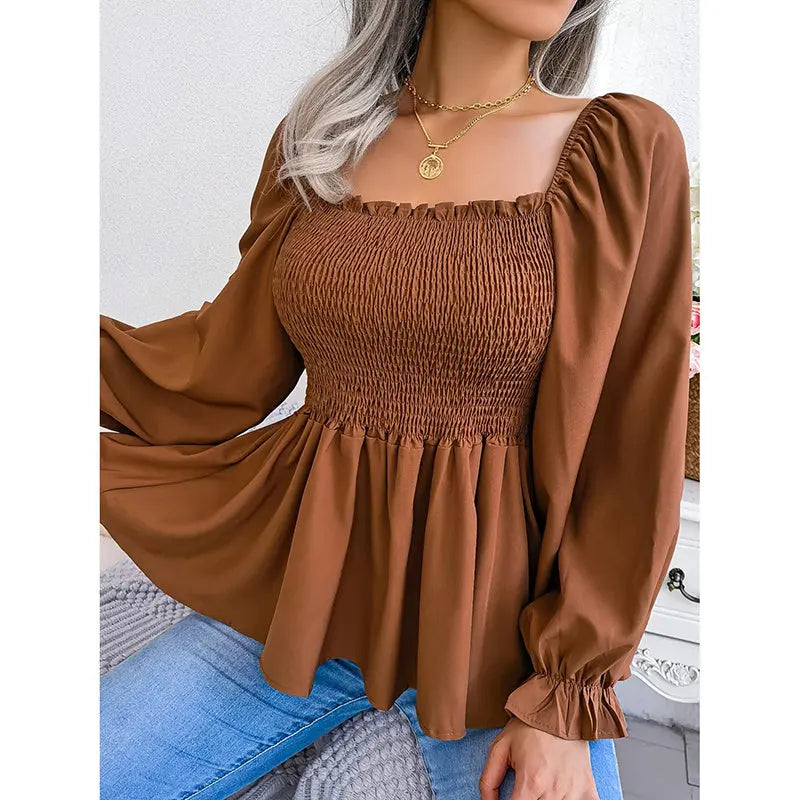 Women's Peplum Tops Square Neck Ruffle Trim Long Sleeve Blouse Smocked Top Dressy Casual Shirts Lady T Fashions