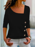 Women's Asymmetric Collar Buckle Solid Color Casual Long Sleeves Top Lady T Fashions