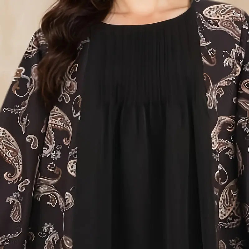 Women's Plus Size Bohemian Floral Printed Maxi Dress, Pleated Front Long Sleeve Crew Neck Loose Fit Lady T Fashions