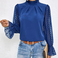 Women's Solid Color Mesh Patchwork Long Sleeved Shirt With Black Fungus Edge Collar Lady T Fashions
