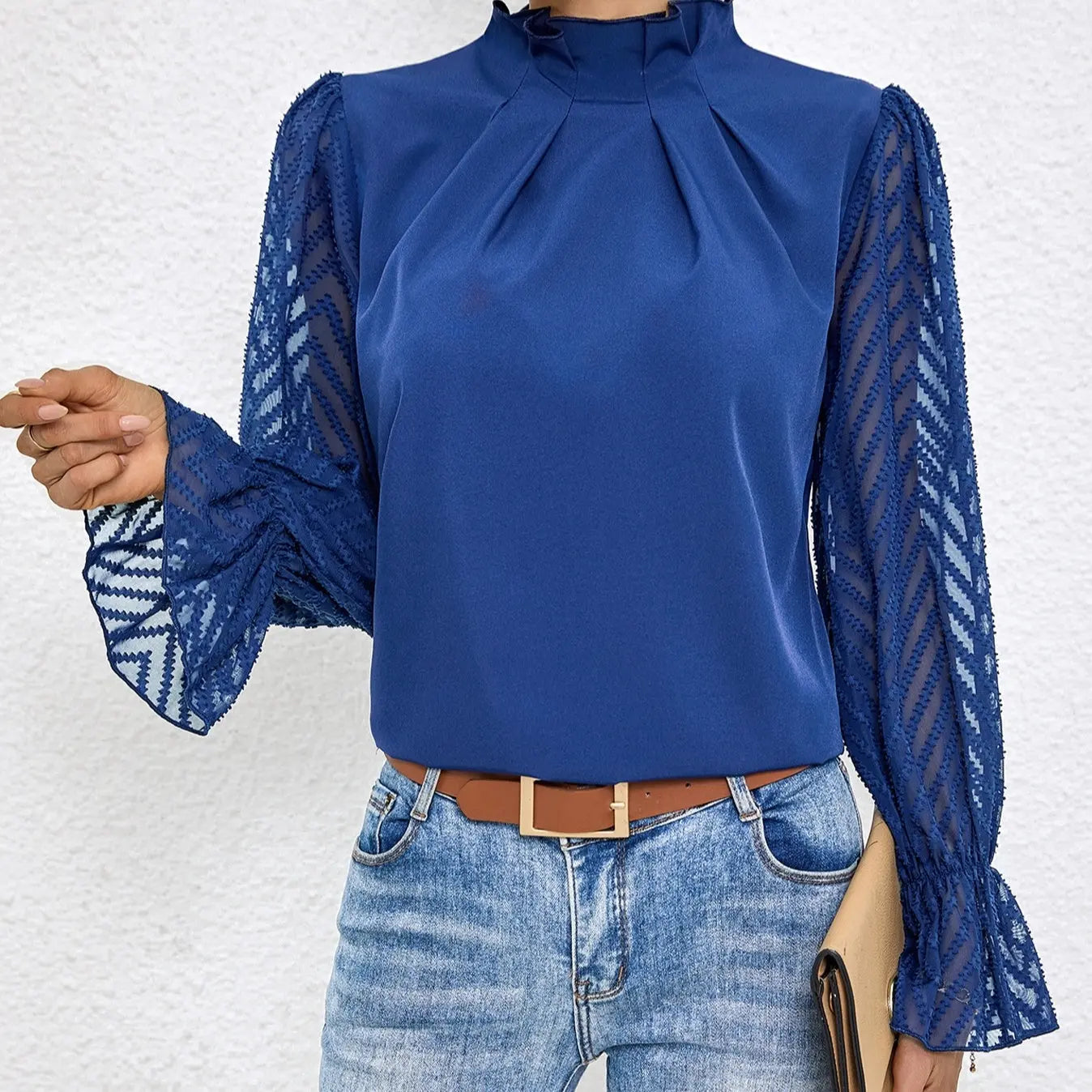 Women's Solid Color Mesh Patchwork Long Sleeved Shirt With Black Fungus Edge Collar Lady T Fashions