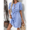 Women's Striped Tie Front Puff Sleeve Summer Casual Mini Dresses Loose Flowy Sundress Lady T Fashions