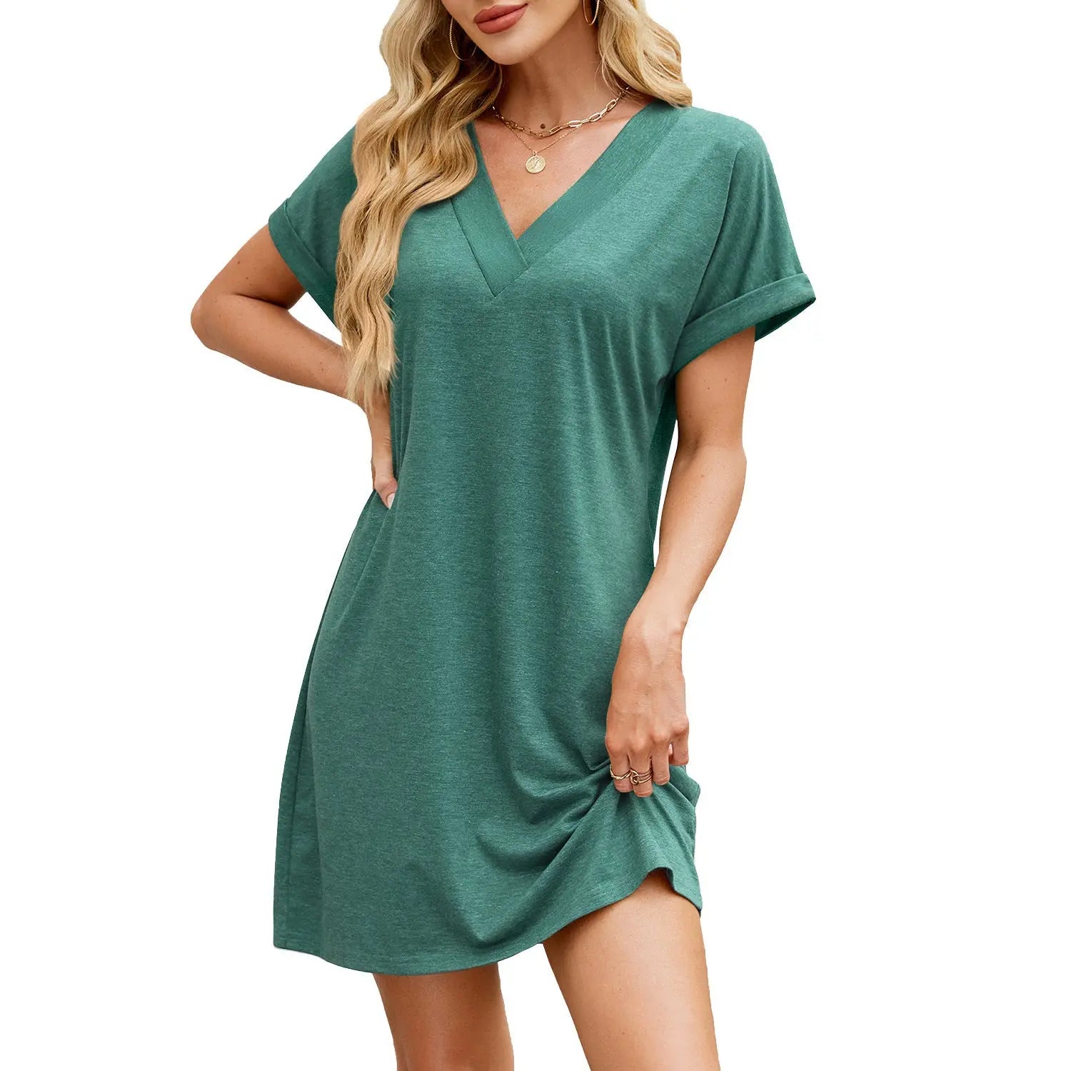 Solid Color And V-neck Loose Short Sleeve Casual Dress Lady T Fashions