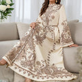 Women's Vintage High-Neck Floral Maxi Dress Loose Long Sleeve, Adjustable Waist Belt, Middle Eastern Inspired Holiday Dress Ankle-Length Gown Lady T Fashions