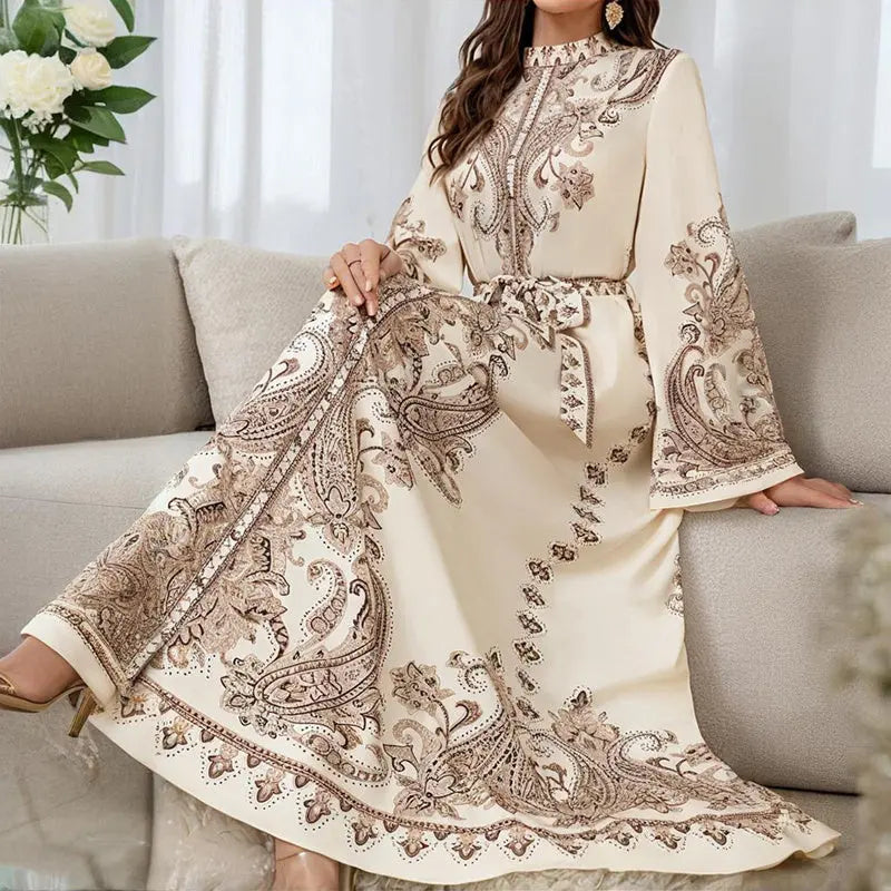 Women's Vintage High-Neck Floral Maxi Dress Loose Long Sleeve, Adjustable Waist Belt, Middle Eastern Inspired Holiday Dress Ankle-Length Gown Lady T Fashions