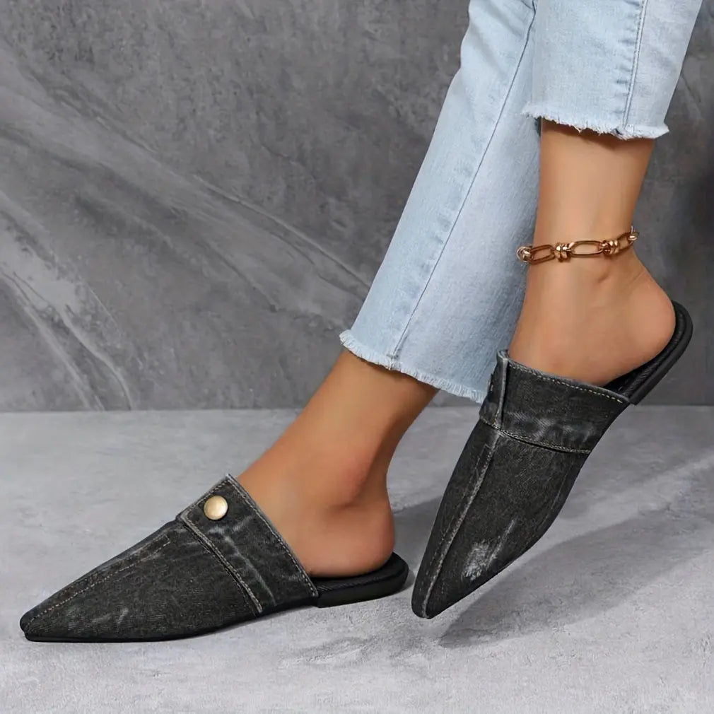 Women's Denim Flat Mules, Fashion Pointed Toe Slip On Non Slip Shoes, Casual Outdoor Slides Lady T Fashions