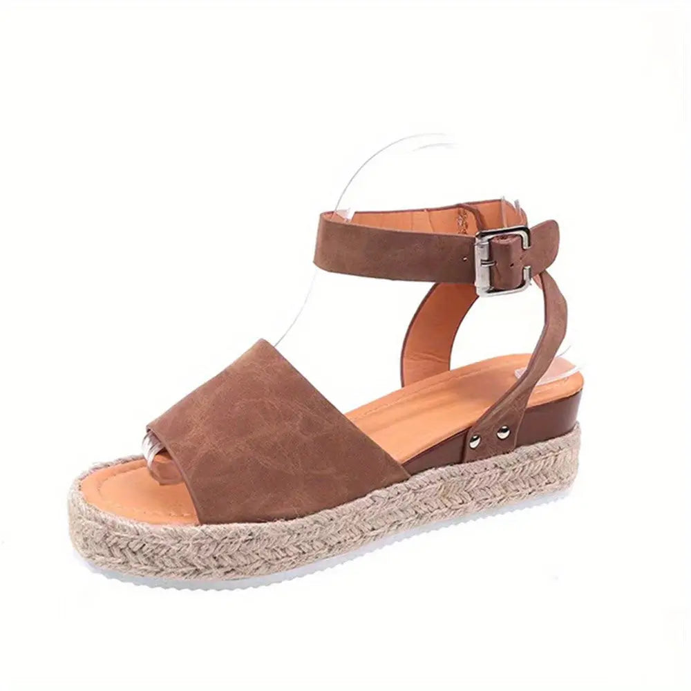 Mid Heel Platform Espadrille Sandals - Buckle Ankle Strap, Open Toe, Lightweight, Non Slip, Faux Leather Upper, PU Sole, Comfortable, Casual, Solid Color, Summer Shoes for Women Lady T Fashions