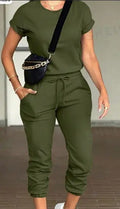 2pcs Women Solid Color Round Neck Short Sleeve Top And Drawstring Pocket Long Pants Casual Suit Lady T Fashions