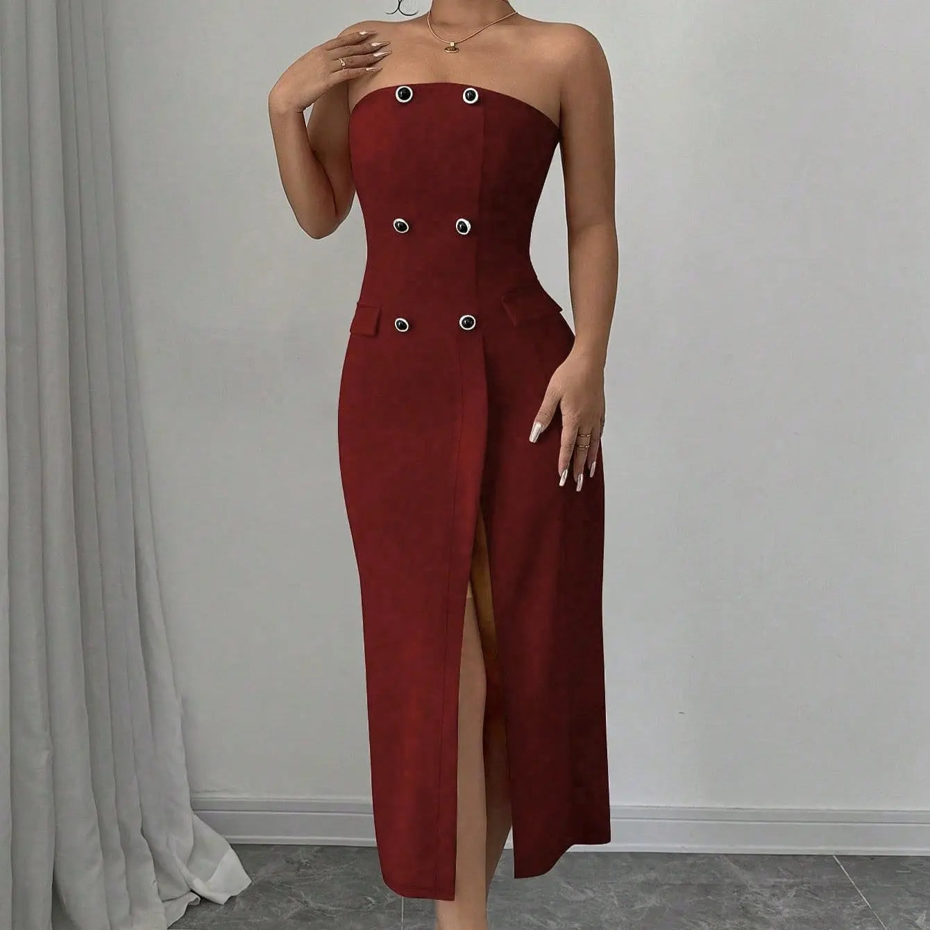 Women's Solid Color Button Sleeveless Slit Slim Fit Dress Lady T Fashions