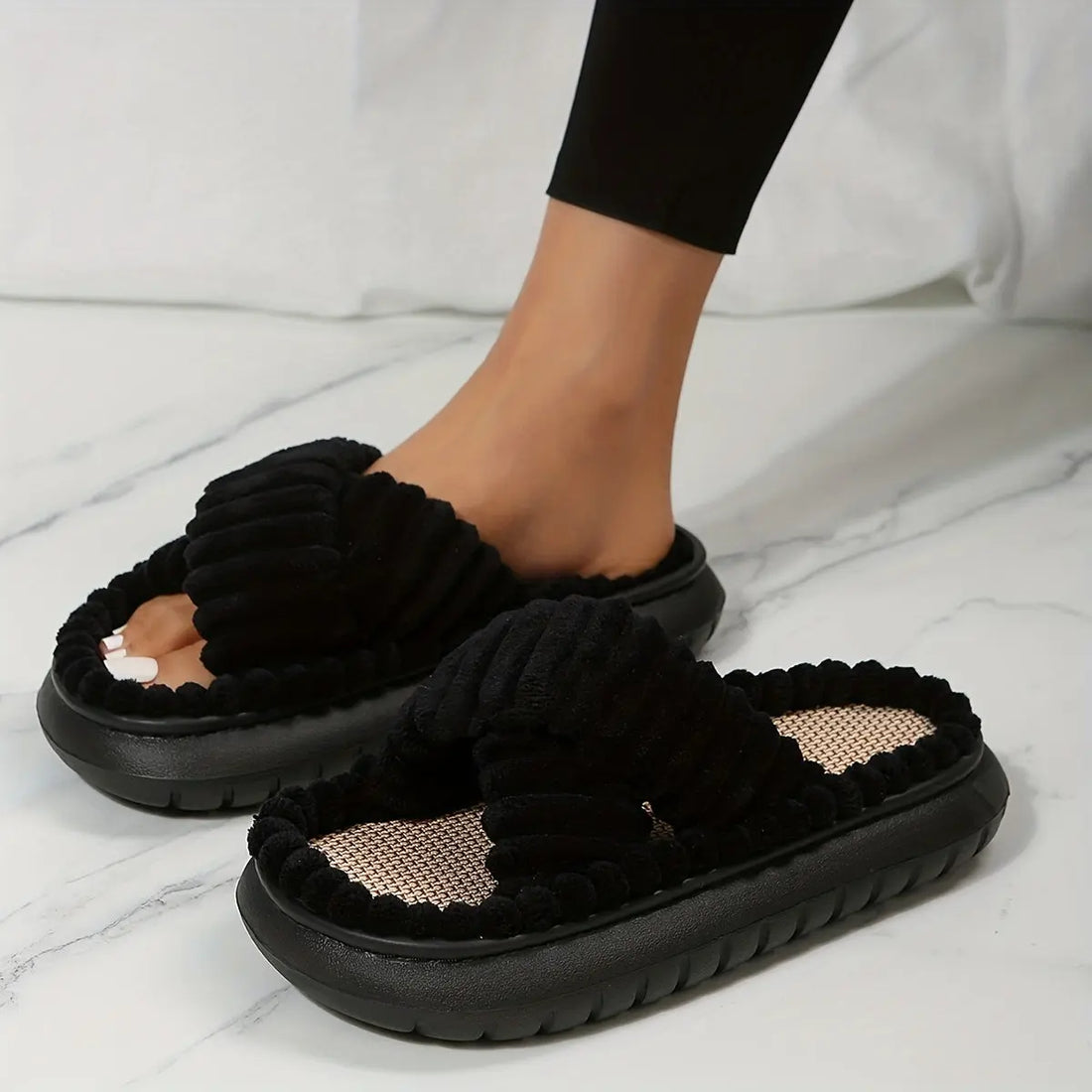 Cozy Womens Fabric Upper Plush Cross Strap Platform Slippers - Soft Linen Insole, Open Toe, Non Slip EVA Sole, Slip-on Design for Indoor Comfort - Solid Color, Casual Style House Slides Shoes Lady T Fashions