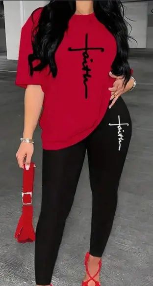 Women's Alphabet Printed Round Neck T-Shirt And Leggings Set Lady T Fashions