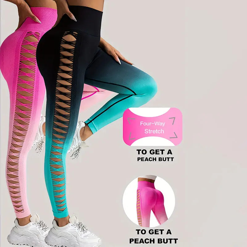 2 Pack Cut Out Ombre Gradient Color Hollow High-waist Butt-lifting Fitness Women's Yoga Pants, Women's High Waist Yoga Pants Cutout Ripped Super Soft And Comfortable Skinny Lady T Fashions