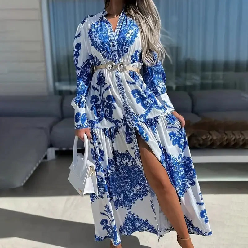Women's Bohemian Flowy Maxi Dress - Charming V-Neck With Bell Sleeves, Bold Printed Pattern, Side Slit Design Lady T Fashions