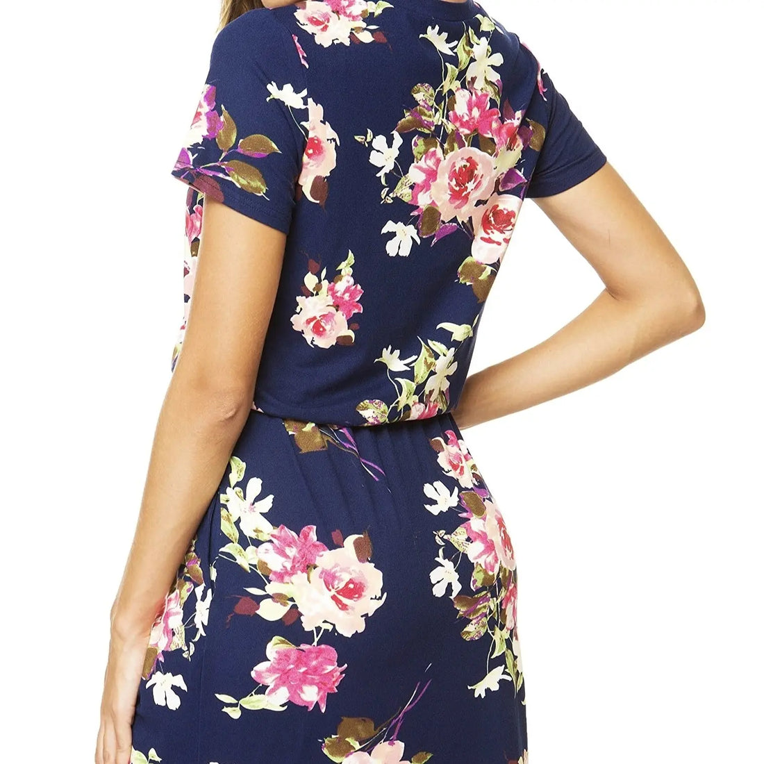 Ladies' Round Neck Floral Print Elegant Drawstring Slanted Pocket Detail Dress Lady T Fashions