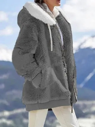 Fall And Winter Loose Plush Long Sleeves With Zippered Pockets And Hooded Warm Jacket Lady T Fashions