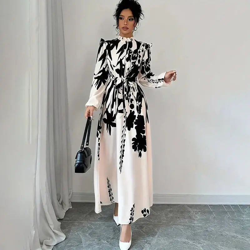 Women's Floral Print Long Sleeve Maxi Dress - Stand Collar A-Line Dress With Waist Detail, Lantern Sleeves & Ruffle Hem For Spring&Fall Lady T Fashions