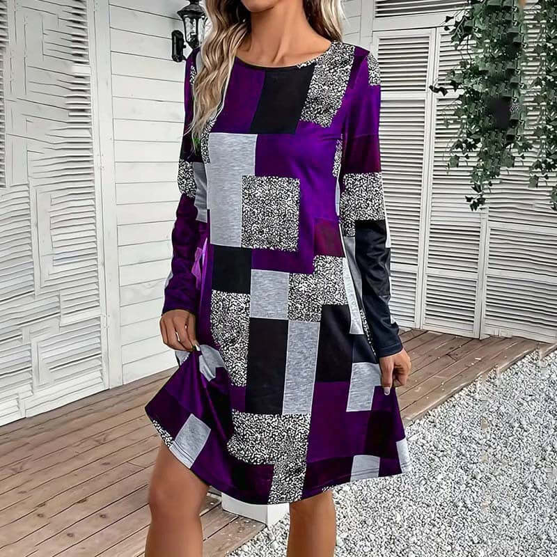 Women's Round Neck Long Sleeve Dress - Digital Print Casual Elegant Spring & Fall Dress Lady T Fashions