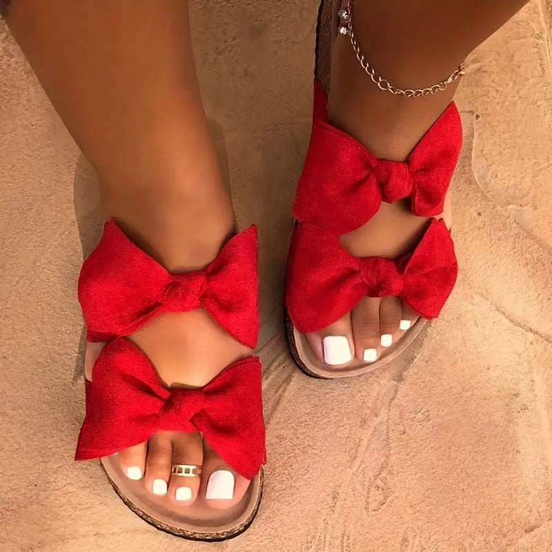 Women's Bow Tie Decor Slippers, Open Toe Round Toe Platform Slides, Women's Fashion Flat Shoes Lady T Fashions
