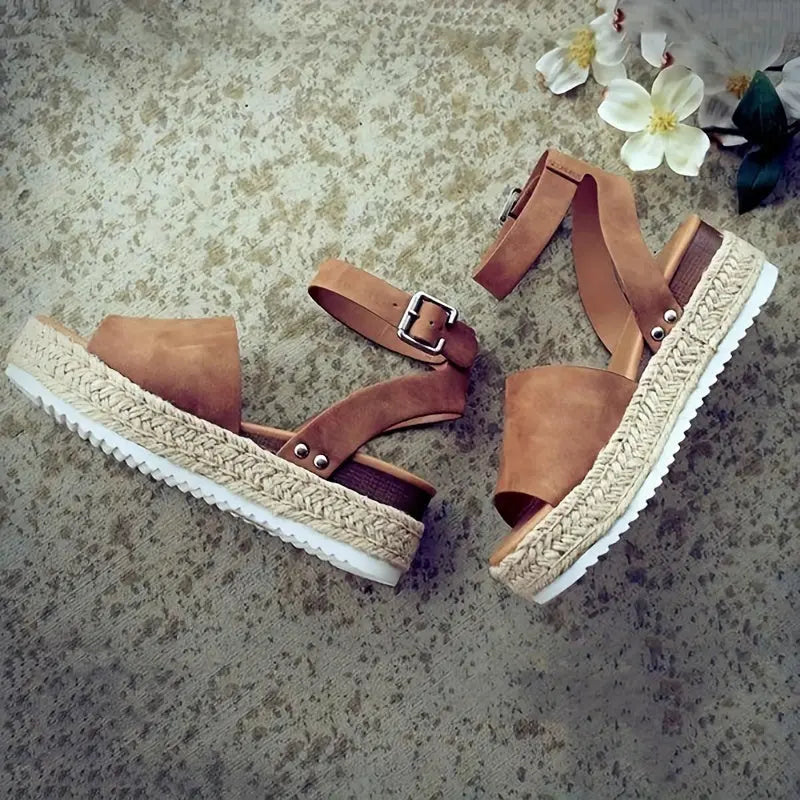 Mid Heel Platform Espadrille Sandals - Buckle Ankle Strap, Open Toe, Lightweight, Non Slip, Faux Leather Upper, PU Sole, Comfortable, Casual, Solid Color, Summer Shoes for Women Lady T Fashions