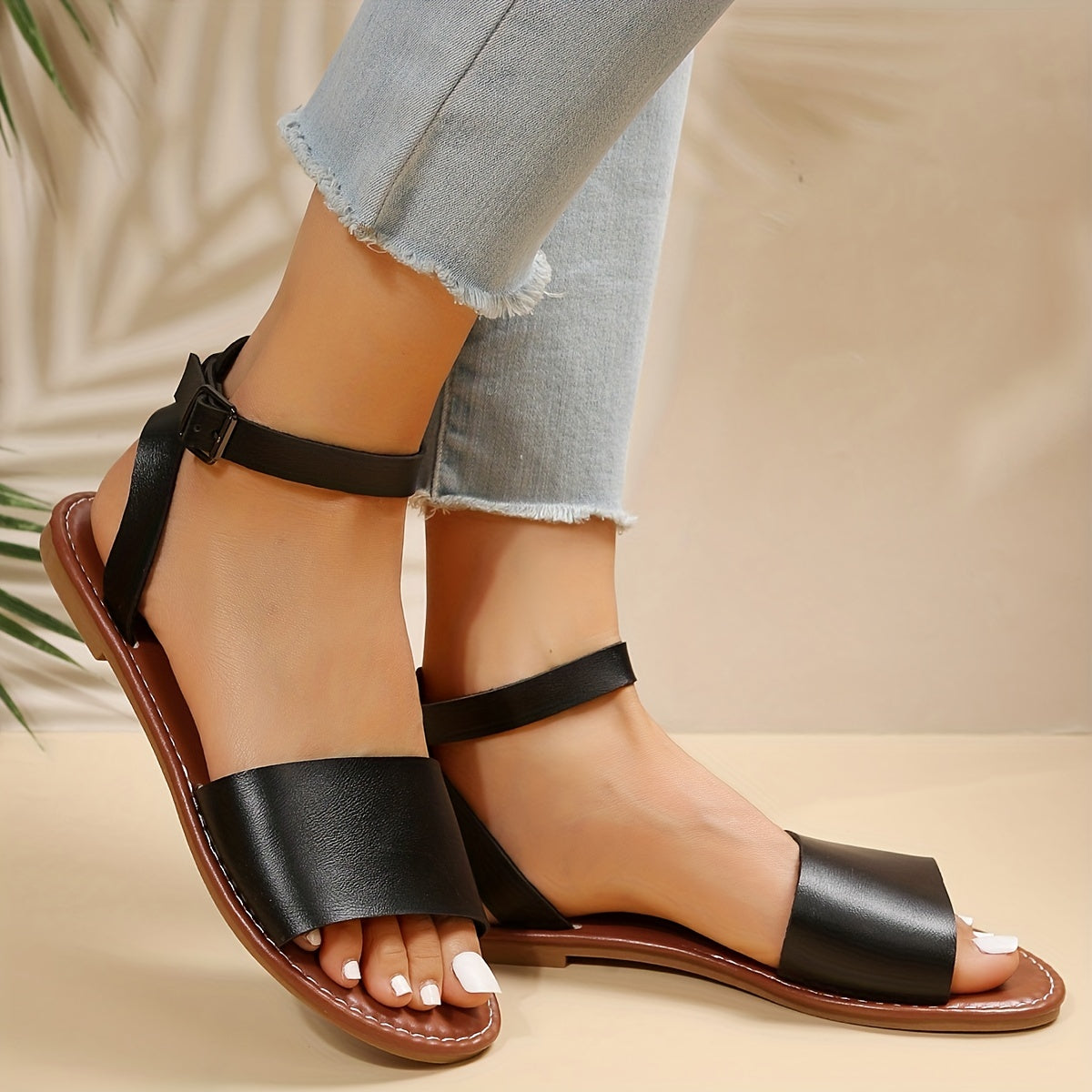 Women's Flat Summer Sandals - Solid Color Open Toe Ankle Strap Shoes, Lightweight Faux Leather - For Beach, Vacation & Casual Wear - Perfect Gift for Women Lady T Fashions