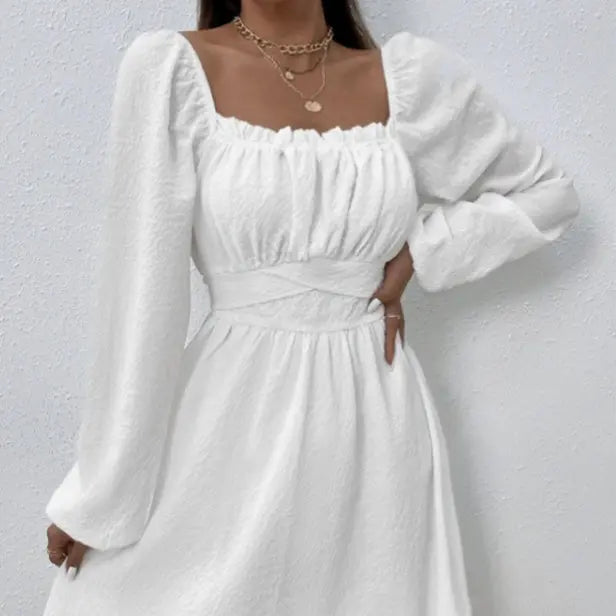 Ladies' Fashion Elegant Solid Color Collar Lace Fold Waist A-list Dress Lady T Fashions