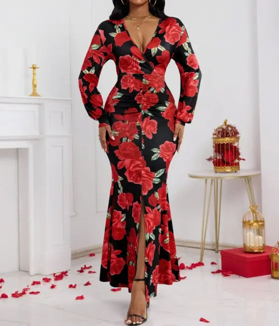 Ladies' V-neck Floral Print Fashionable Hip Hugging Dress Lady T Fashions