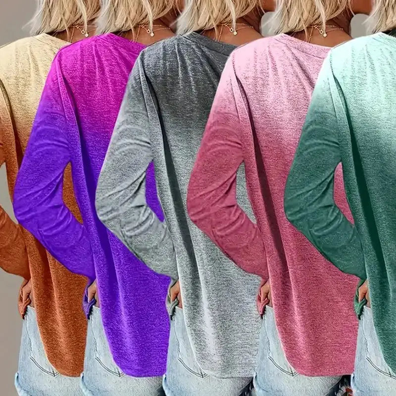 5 Pack Women's Casual Gradient Color Round Neck Long Sleeve Tops Set Spring & Fall Lady T Fashions