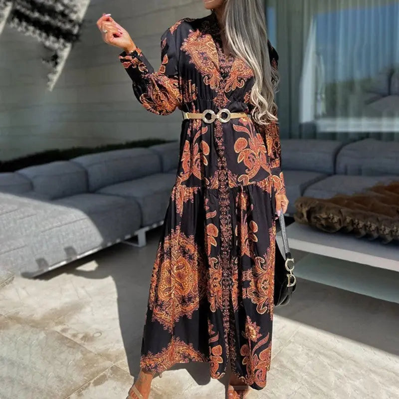 Women's Bohemian Flowy Maxi Dress - Charming V-Neck With Bell Sleeves, Bold Printed Pattern, Side Slit Design Lady T Fashions
