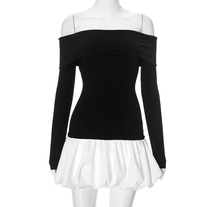 Women's Off-shoulder Long Sleeve Stitching Dress Lady T Fashions