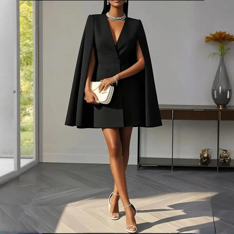 Women's Elegant Solid Color V Neck Double-Breasted Cape Blazer Dress Spring & Summer Party Banquet Outfit Lady T Fashions
