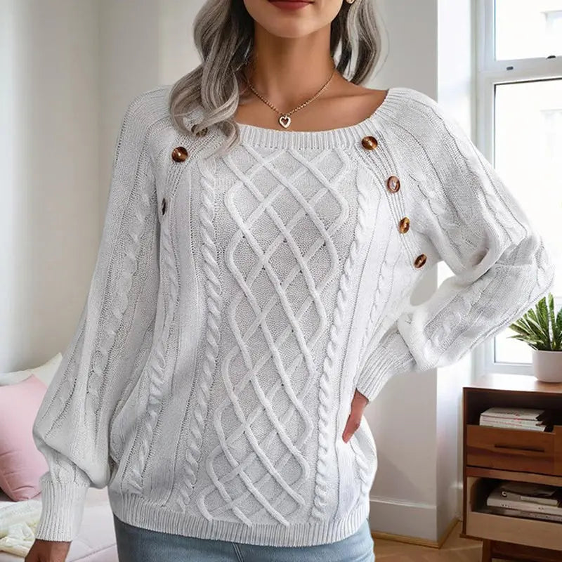 Women's Solid Color Casual Square Neck Button-Detail Knit Top - Textured Ribbed Pattern, Cozy Fall&Winter Sweater Lady T Fashions