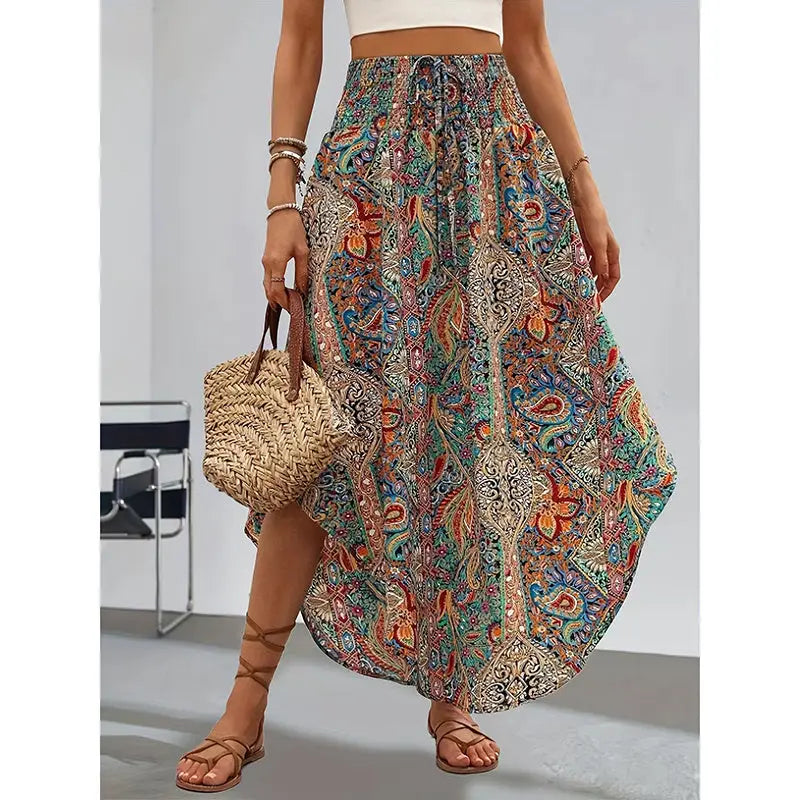 Women's High Elastic Waist Midi Skirt Casual Summer Trendy Tie Front Flowy Floral Print Beach Long Skirt Lady T Fashions