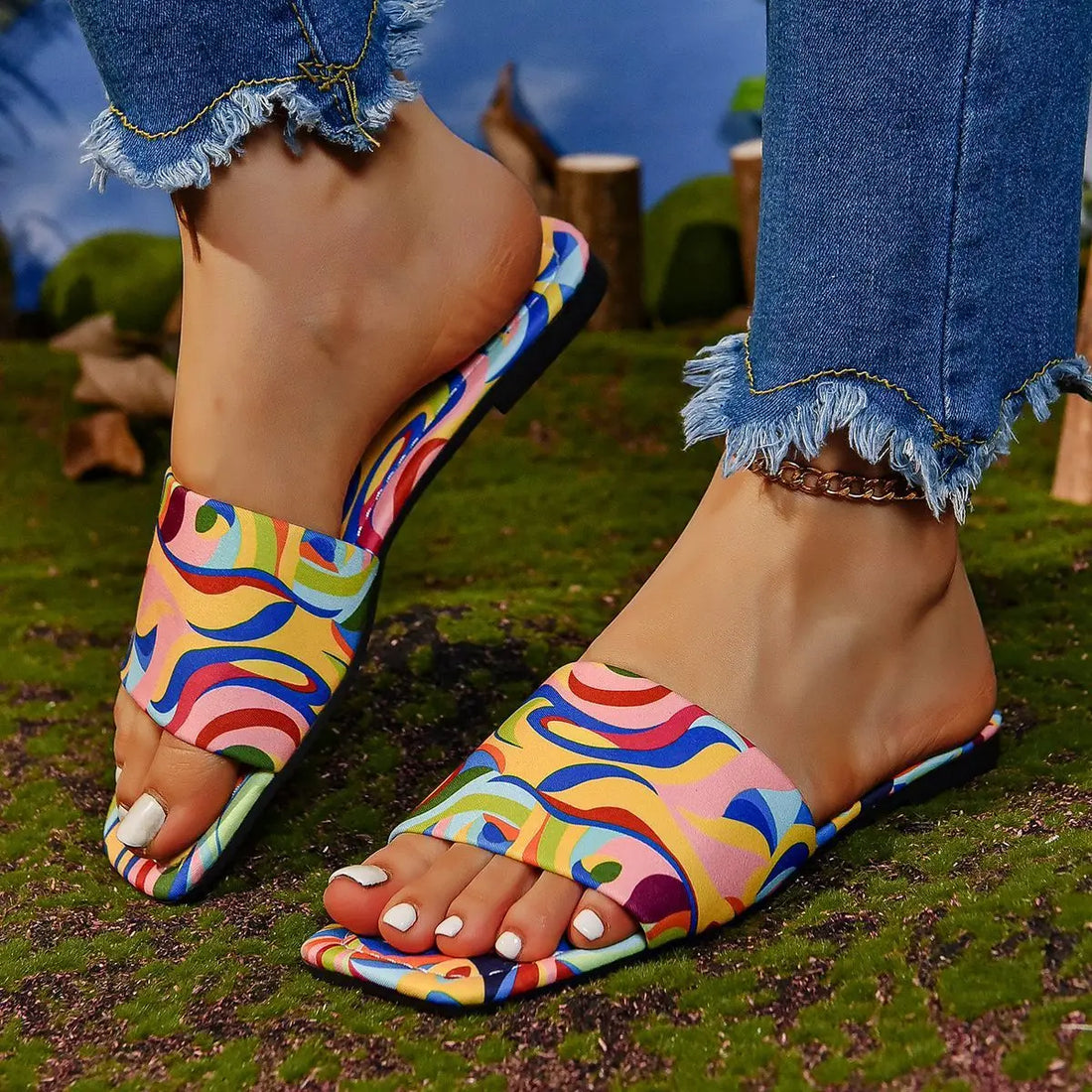 Graffiti Flat Slippers Outdoor Candy Color Square Toe Beach Sandals Lady T Fashions
