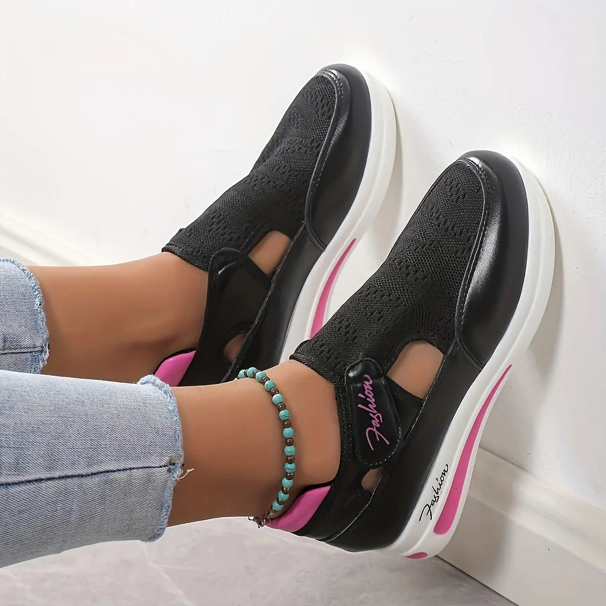 Women's Breathable Mesh Sneakers - Casual Slip-On Platform Shoes with Comfortable Fabric Interior, Low-Top Design, Ideal for Sports and Tennis, Black with White and Pink Accents, Versatile Sneakers|Athletic Wear|Breathable Me Lady T Fashions