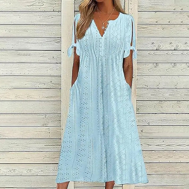Women's Eyelet V-Neck Maxi Dress Short Sleeve Flowy A-Line Summer Beach Dress Lady T Fashions