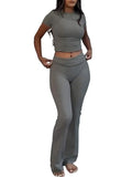 Casual Solid Color Slim Fit Two-piece Pants Set, Short Sleeved Round Neck T-shirt And Tight Flared Pants Sports Pants Clothing, Women's Clothing Lady T Fashions