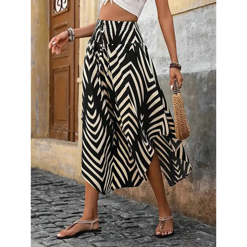 Women's High Elastic Waist Midi Skirt Casual Summer Trendy Tie Front Flowy Floral Print Beach Long Skirt Lady T Fashions