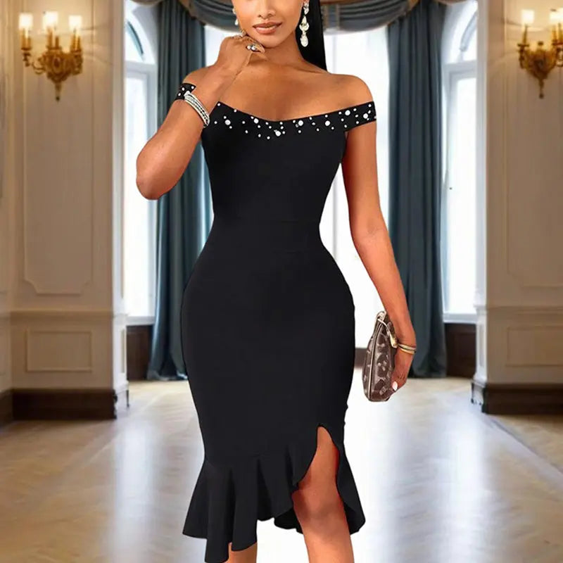 Women's Solid Color Beaded Off-Shoulder Bodycon Dress - Ruffle Hem & Slit Tight Midi Dress For Summer Parties Lady T Fashions