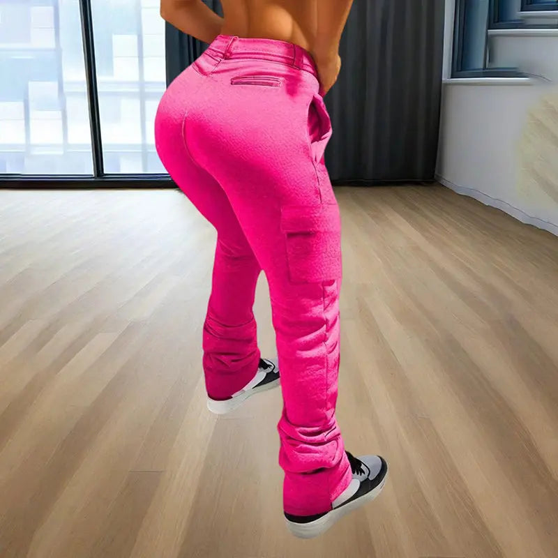 Women's Solid Color Straight Leg Pants - Stretchy Drawstring Waist With Dual Pockets Casual Trousers For Spring&Fall Lady T Fashions