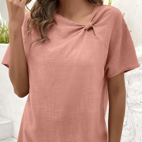 Ladies' Summer New Solid Color Hollow Asymmetrical Collar Fabric Pleated Decorative Details Elegant Style T-shirt Lady T Fashions